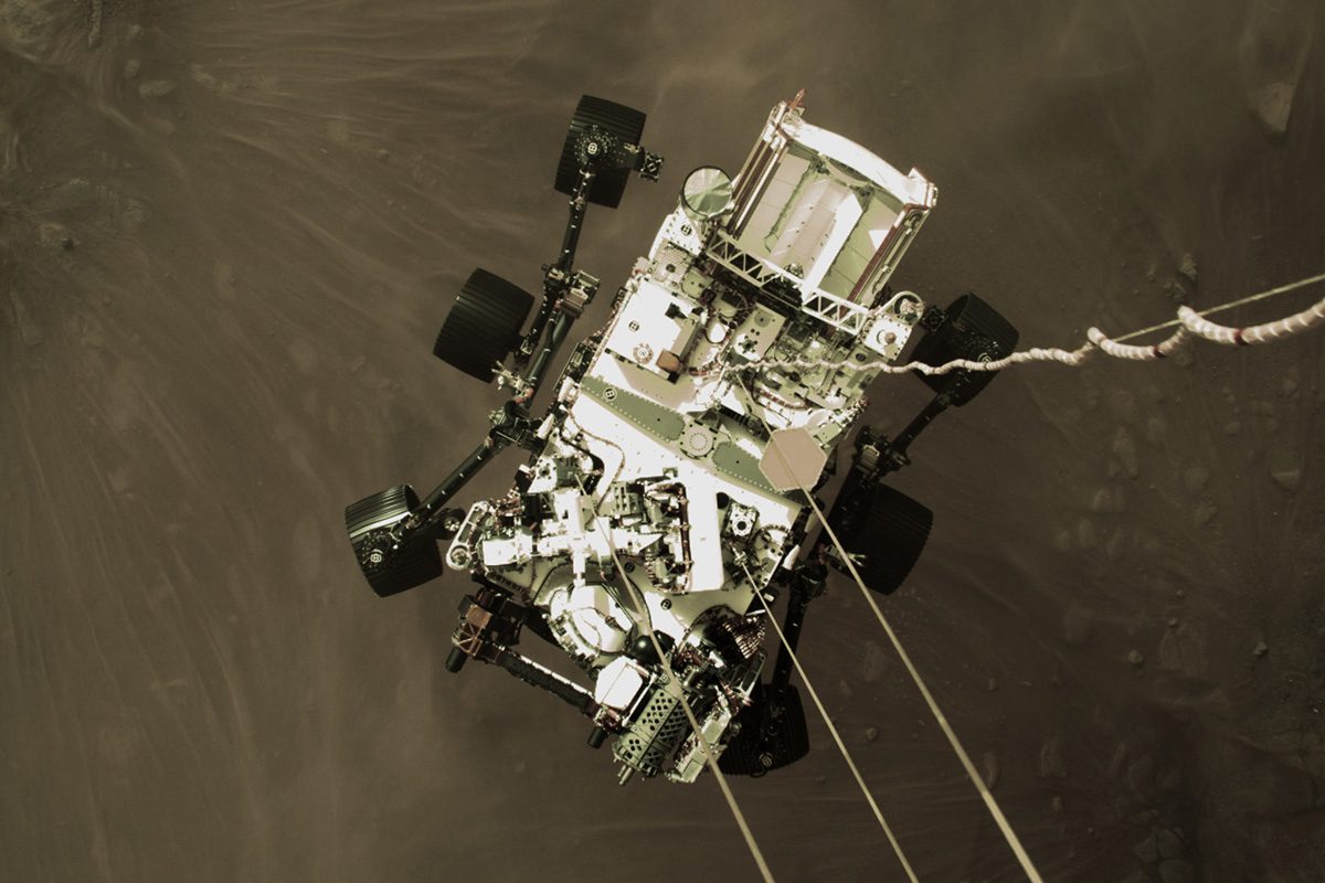 Still from a video showing the landing of Perseverance rover on the surface of Mars. Credit: NASA/JPL-Caltech Still from a video showing the landing of Perseverance rover on the surface of Mars. Credit: NASA/JPL-Caltech