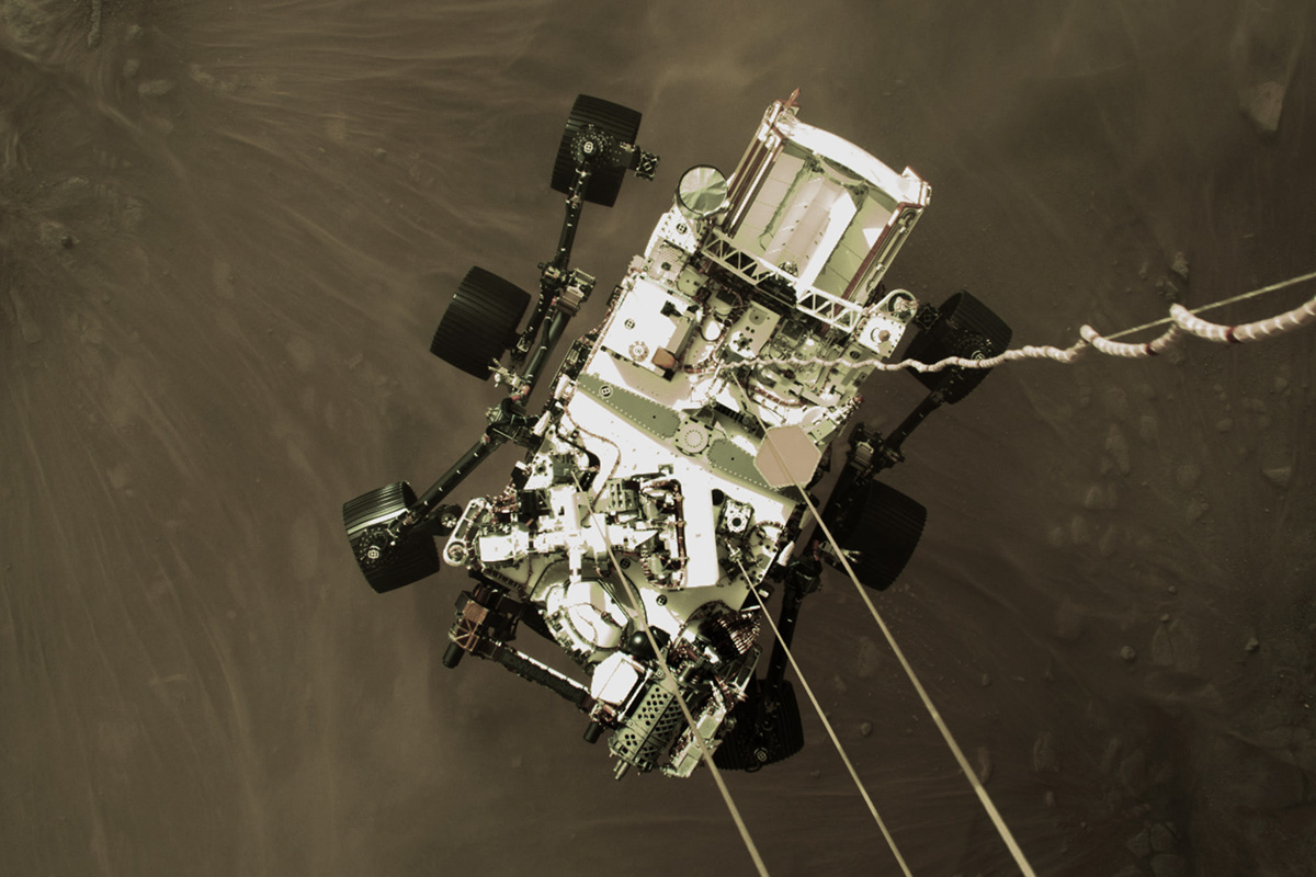 Still from a video showing the landing of Perseverance rover on the surface of Mars. Credit: NASA/JPL-Caltech Still from a video showing the landing of Perseverance rover on the surface of Mars. Credit: NASA/JPL-Caltech