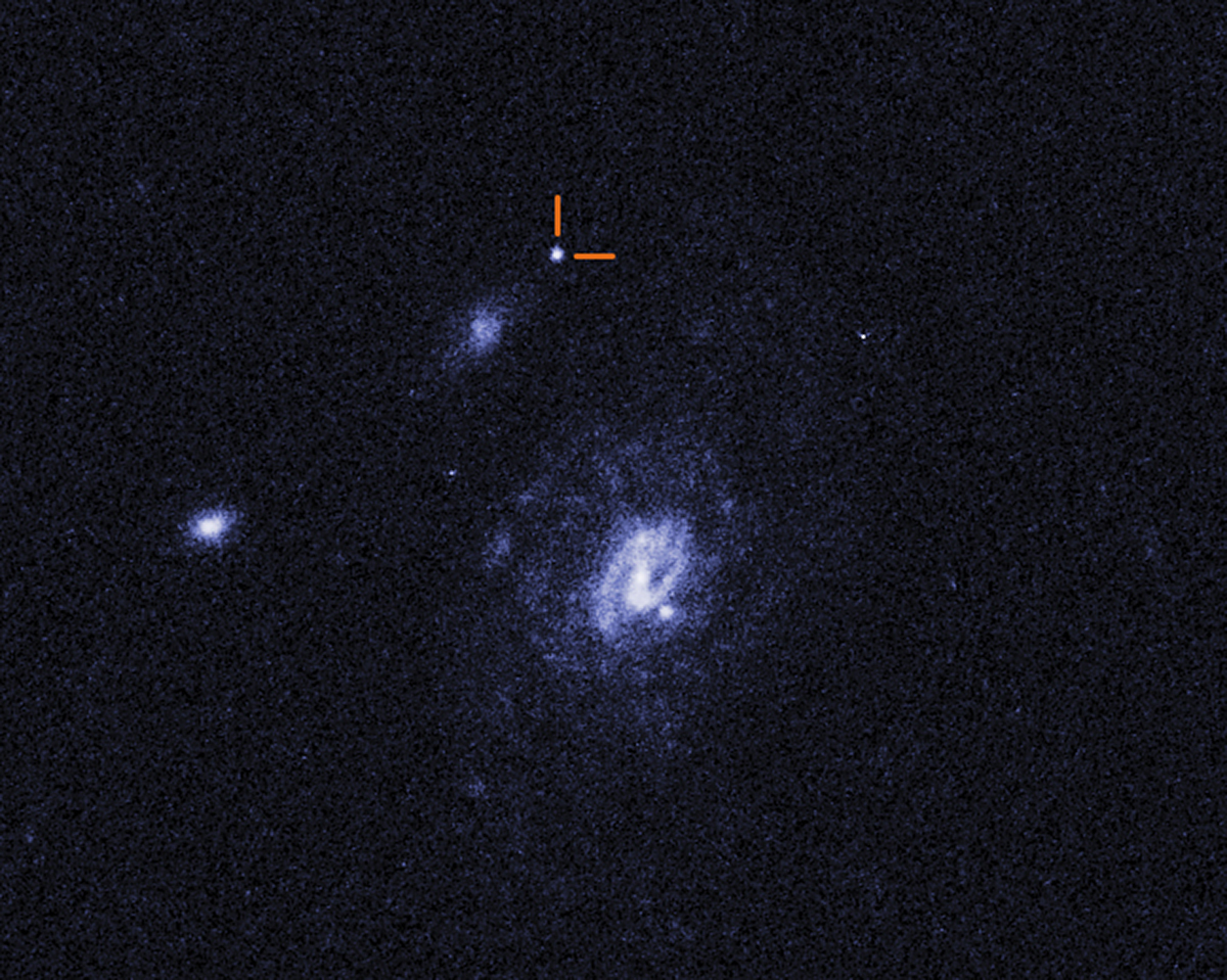The blue flash of the Luminous Fast Blue Optical Transient known as ‘the Finch’. Credit: NASA/ESA/NSF’s NOIRLab/Mark Garlick/Mahdi Zamani, NASA/ESA/STScI/Ashley Chrimes (ESA-ESTEC/Radboud University)