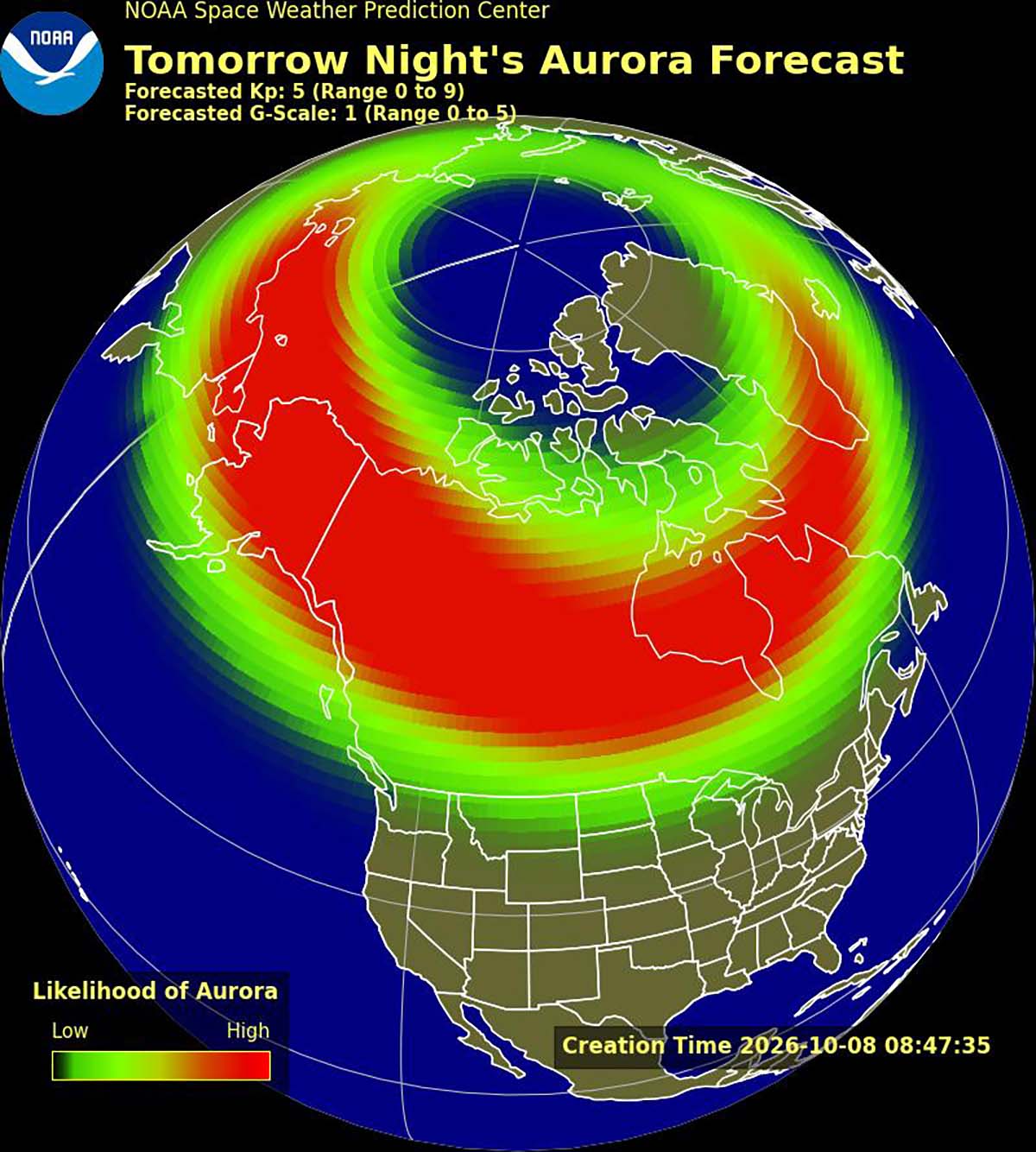 A map showing the prediction of intensity and location of aurora on 9 October 2026. Credit: NOAA.