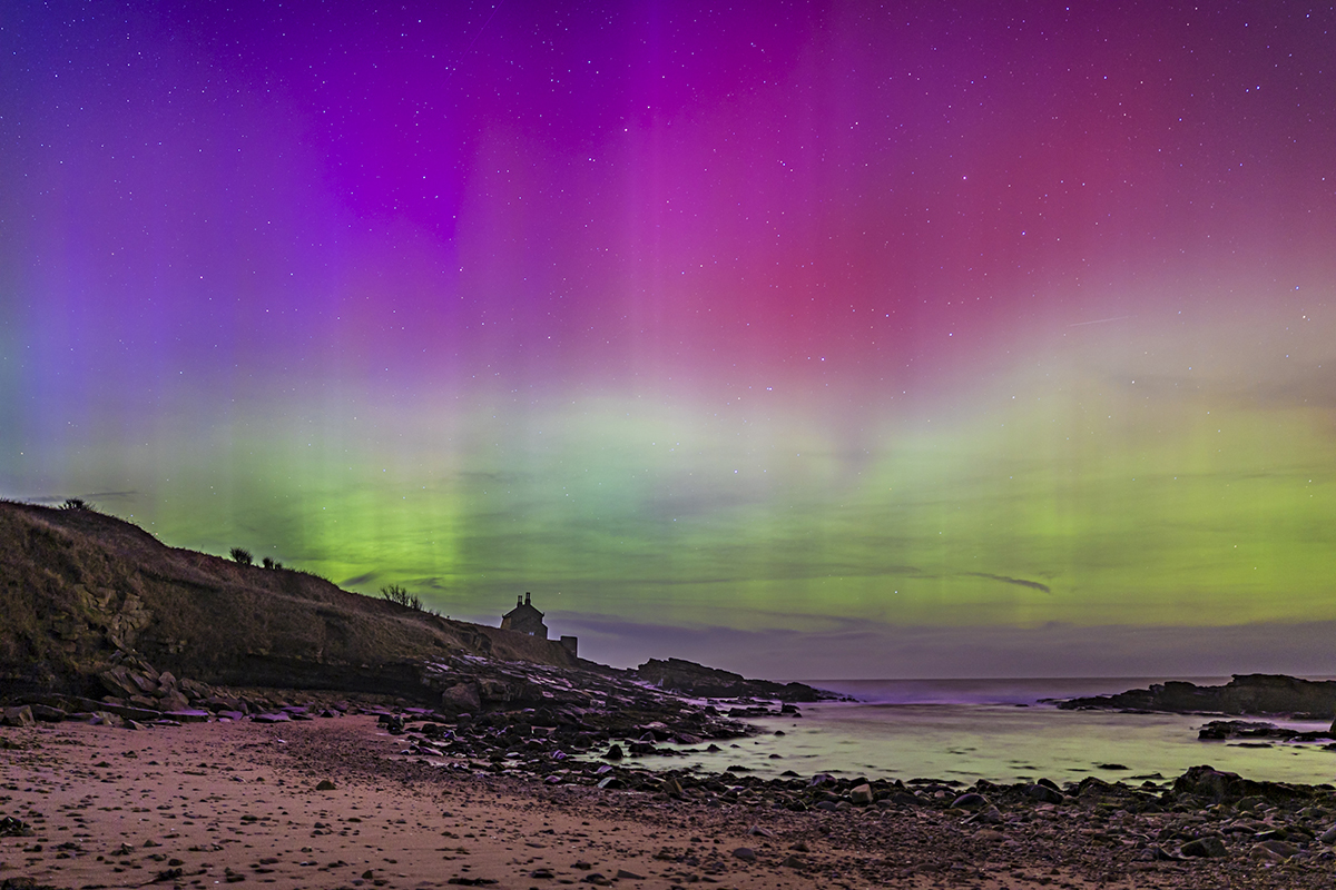 Aurora over Howick Sands beach, Northumberland, 20 January 2026, captured by Tom Wright