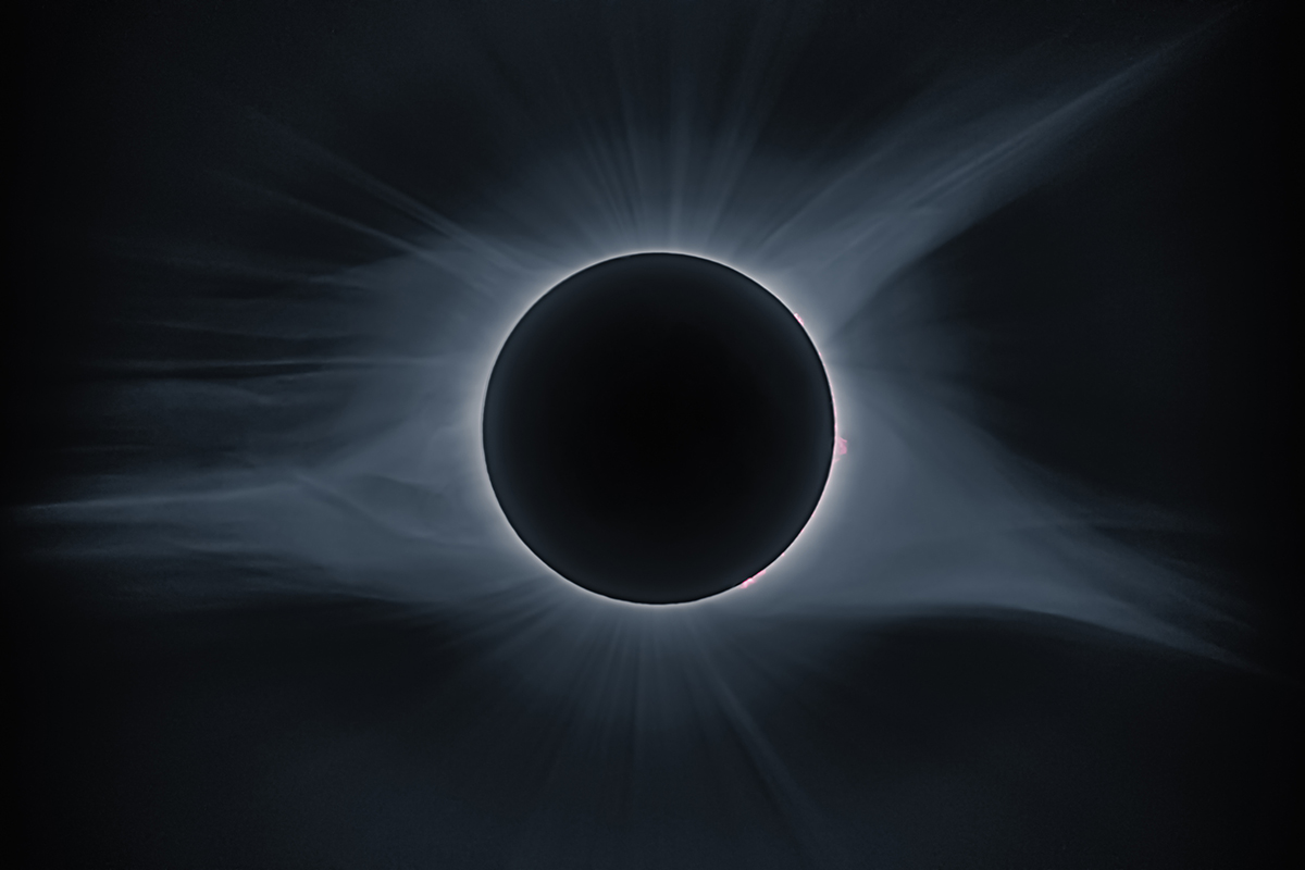 The Sun is about 400 times bigger than the Moon, but 400 times farther away. That means the Moon is able to cover the Sun from our perspective, resulting in a total solar eclipse. Credit: A.V. Ley / Getty Images