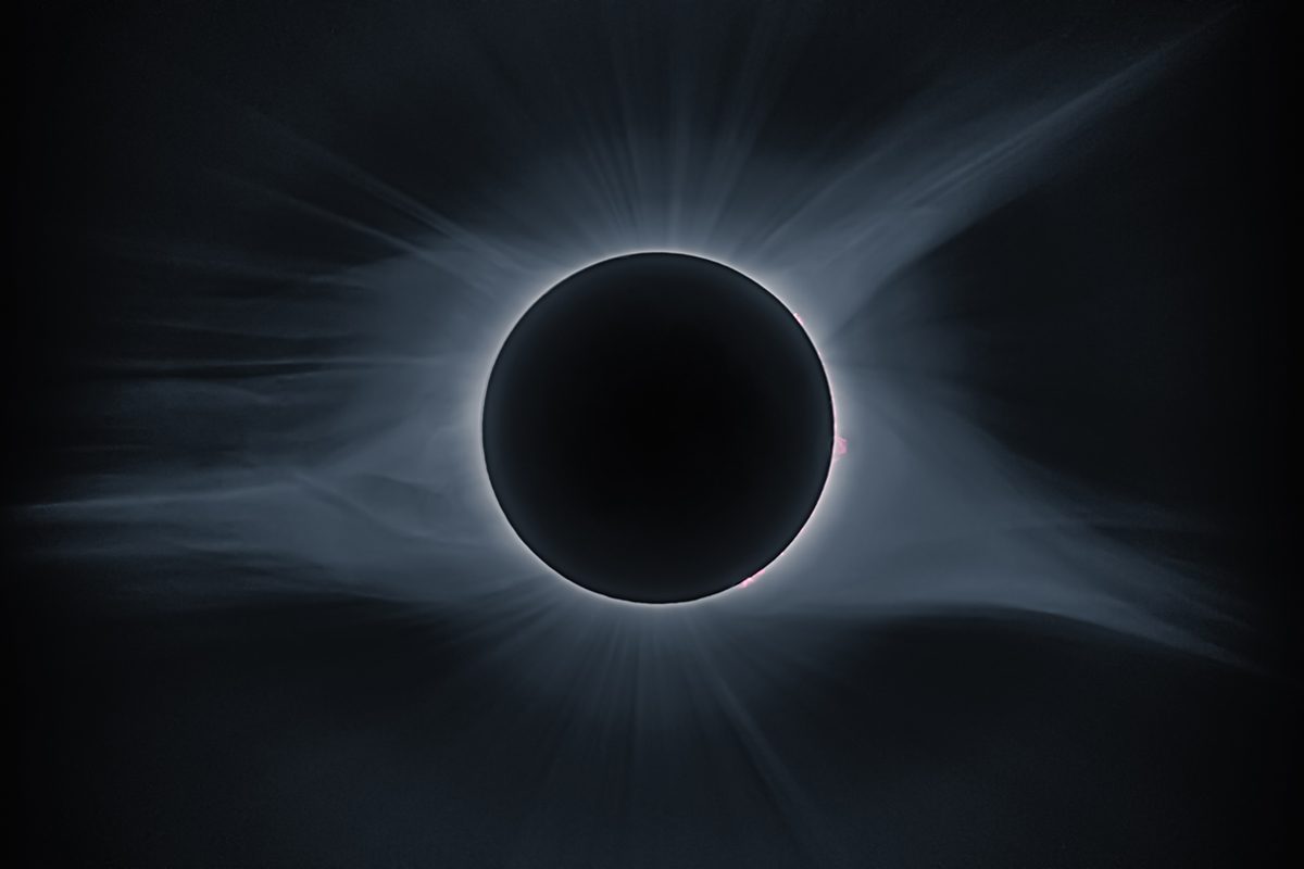 The Sun is about 400 times bigger than the Moon, but 400 times farther away. That means the Moon is able to cover the Sun from our perspective, resulting in a total solar eclipse. Credit: A.V. Ley / Getty Images
