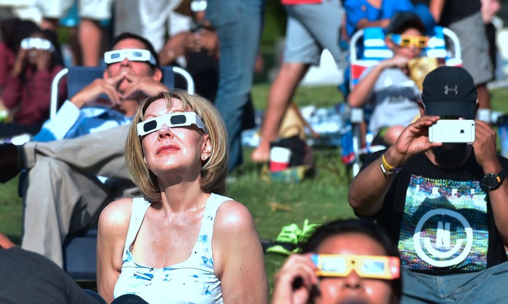 Eclipse glasses donned for the 21 August 2017 US solar eclipse at Caltech in Pasadena, California. Credit: FREDERIC J. BROWN/AFP via Getty Images)