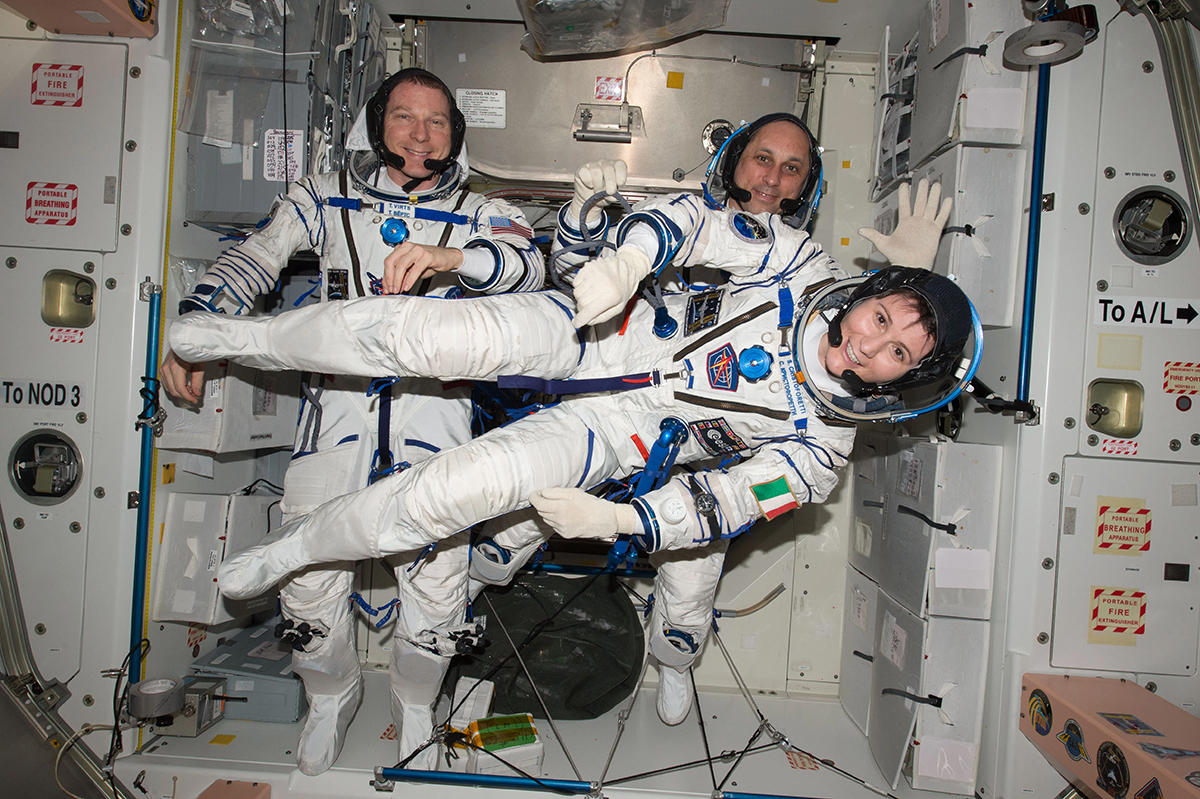 Astronauts Terry Virts, Anton Shkaplerov and Samantha Cristoforetti onboard the International Space Station. Credits: NASA