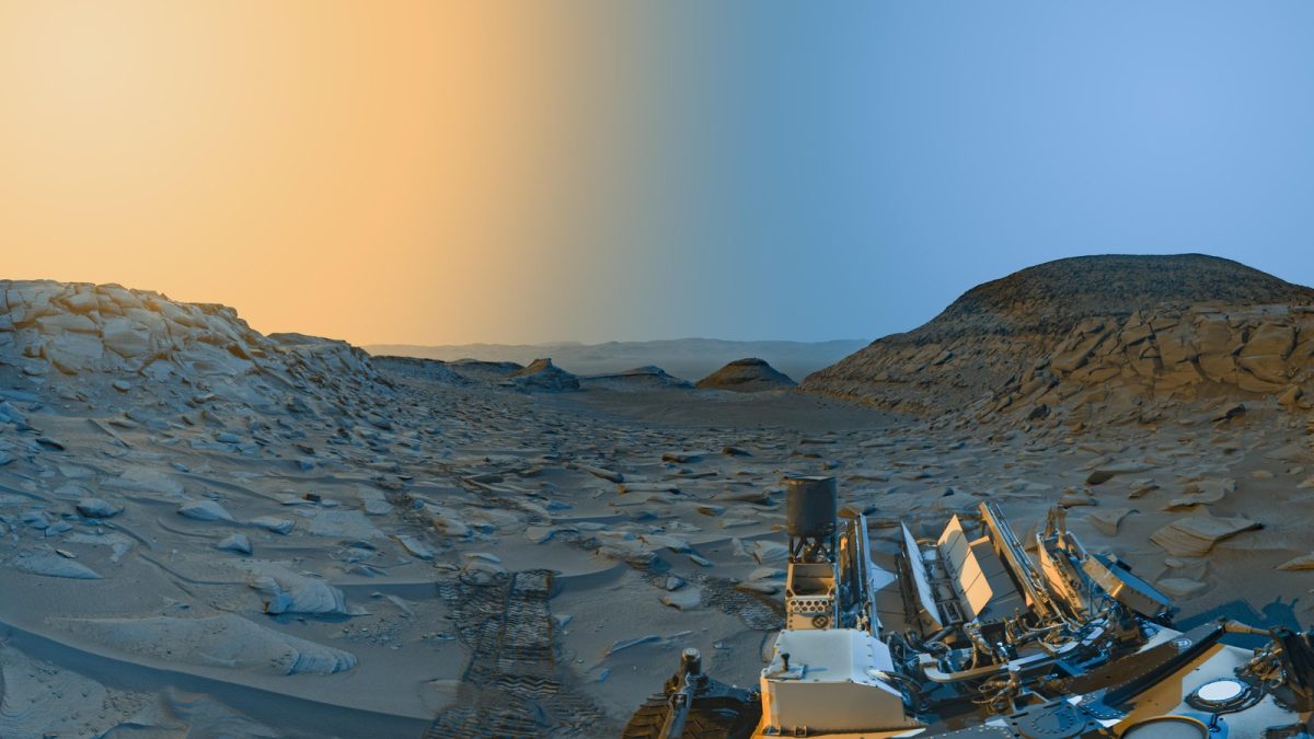 An image of Marker Band Valley on Mars captured by NASA's Curiosity rover. Blue represents morning and yellow represents afternoon. Credit: NASA/JPL-Caltech