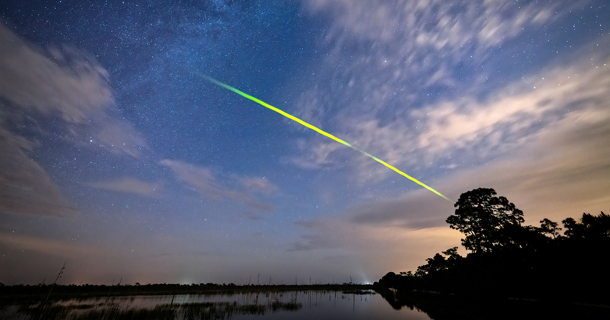 A rare green fireball meteor from the Eta Aquarid Meteor Shower. The Taurid meteor showers – are also known to produce bright, colourful fireballs known as the Halloween Fireballs. Credit: Diana Robinson Photography / Getty Images