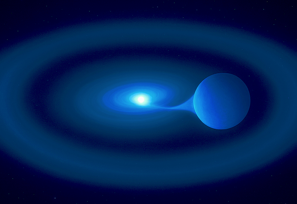 Artist's impression of double star V Sagittae, which is burning bright because a greedy white dwarf is gorging on its larger twin