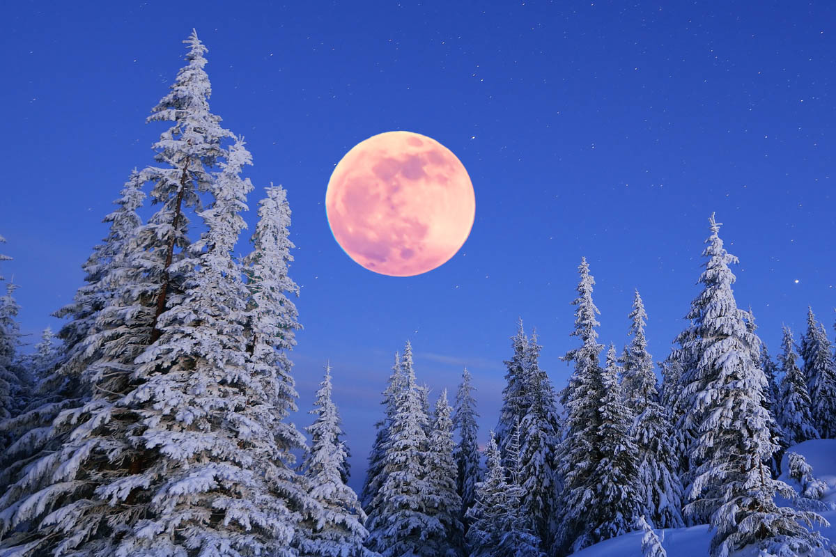 Snow Moon rising above a snowy scene. Credit: Kotenko A / Getty Images
