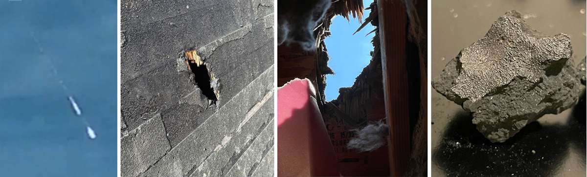 The story of the Hillsborough meteorite in pictures. The daytime meteor (left), the impact site (middle) and a fragment of the meteorite. Credit: SETI