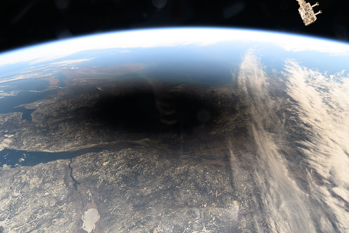 There’s nothing like a top-down view to make you realise a ‘solar eclipse’ really is just the Moon’s shadow. Credit: NASA
