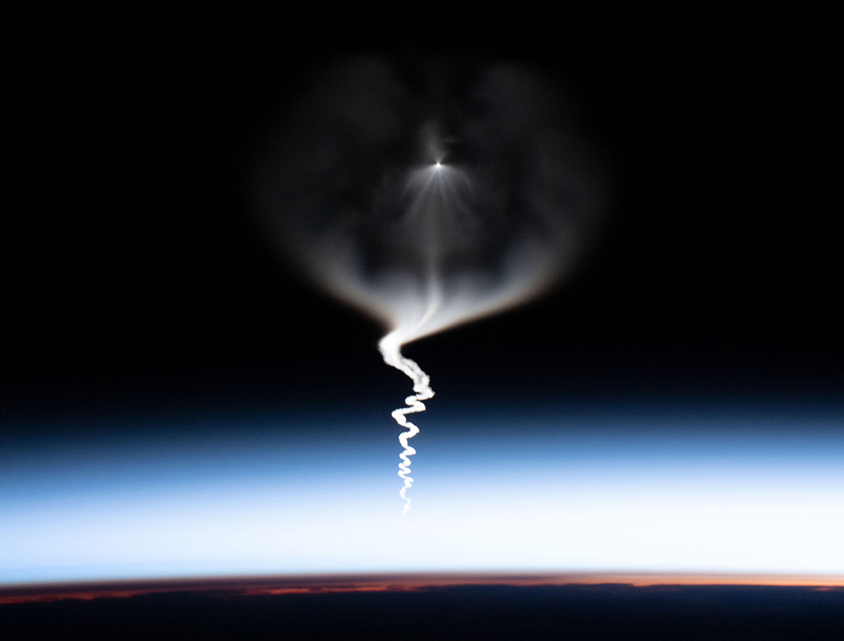 Soyuz MS-15 blasting off from Kazakhstan, as imaged by ISS astronaut Christina Koch. Credit: NASA