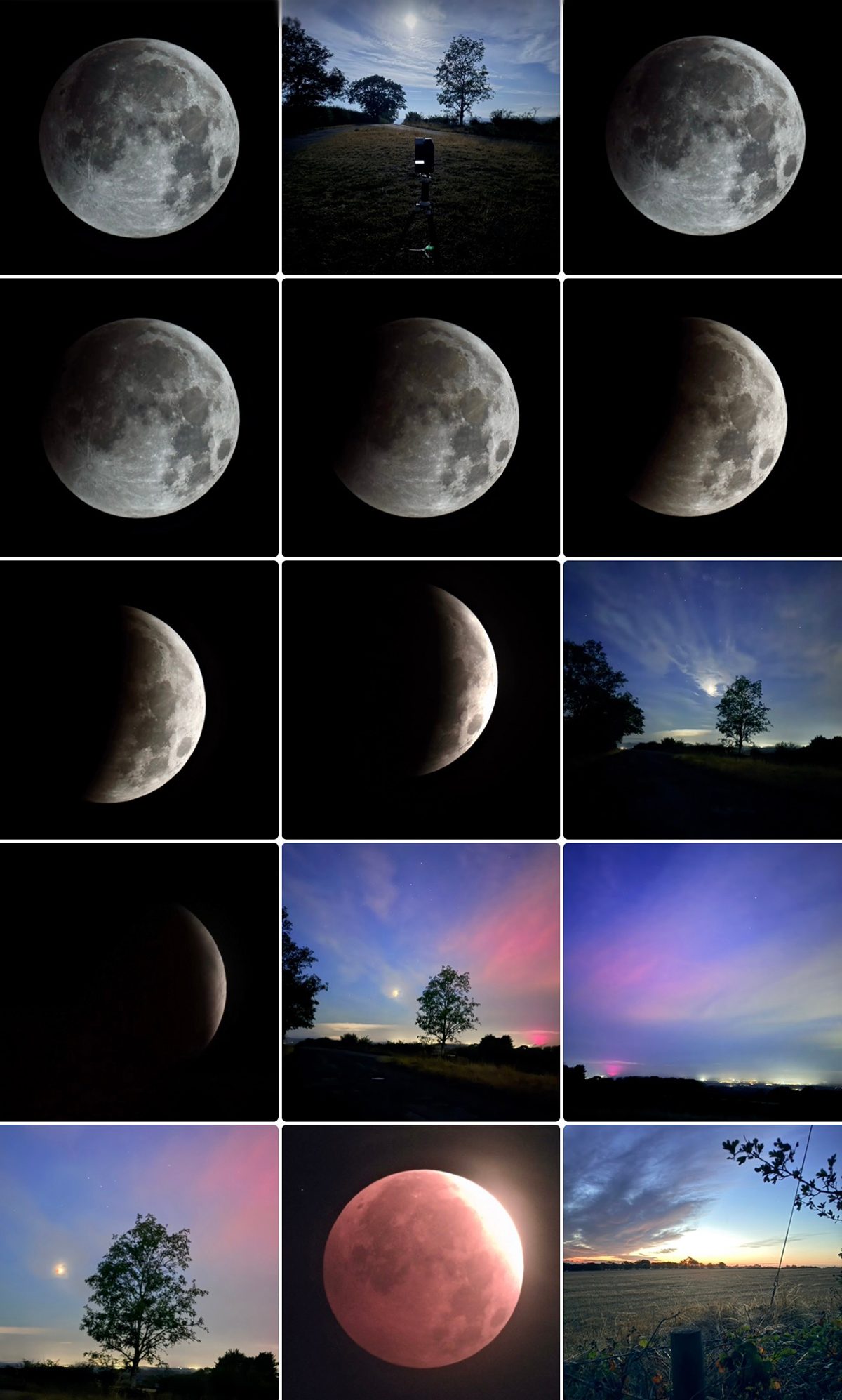 Sarah Fisher captured these views of the partial lunar eclipse and put together a fantastic mosaic, 28 August 2026 from Loxley Viewpoint, Warwick, UK. "A wonderful early morning for the deep partial lunar eclipse," says Sarah. Equipment: iPhone, Seestar S50 smart telescope