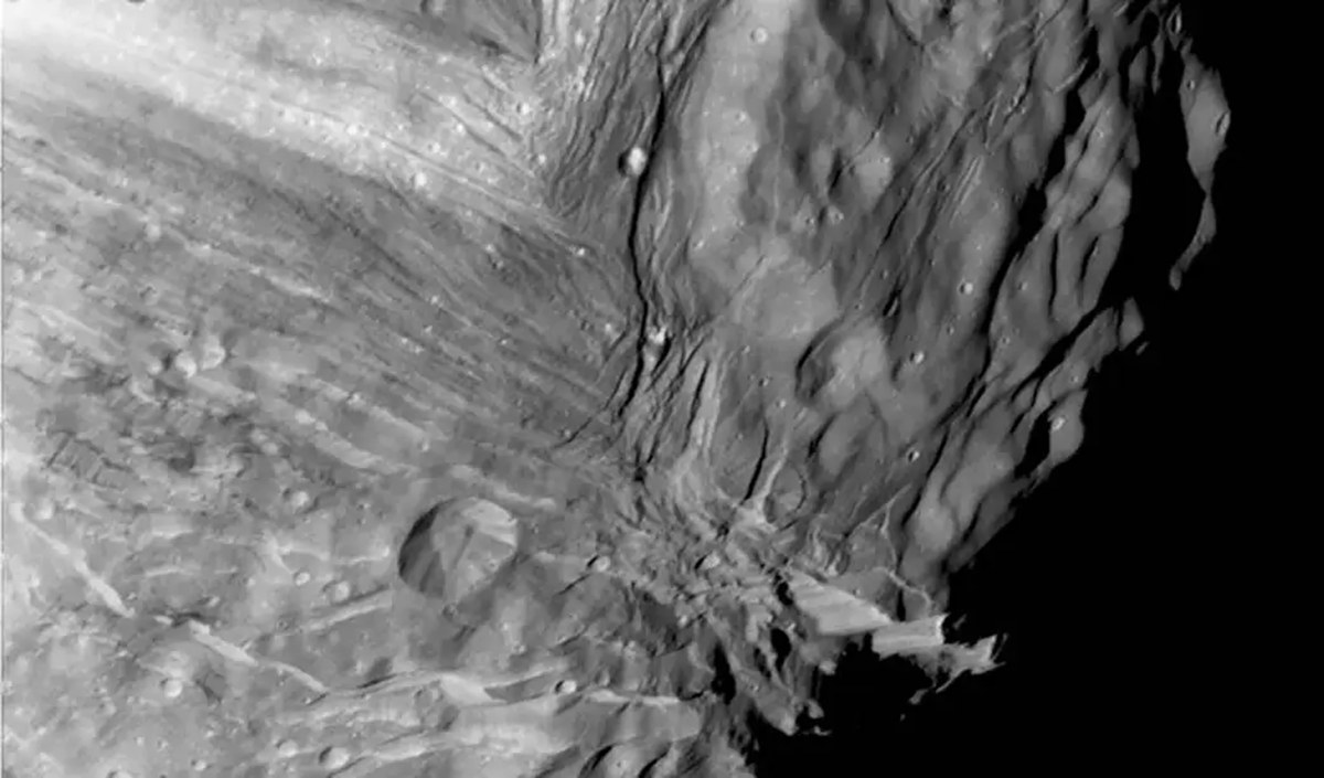 A view of Uranus's moon Miranda, captured by the Voyager 2 spacecraft on 24 January 1986. Credit: NASA/JPL