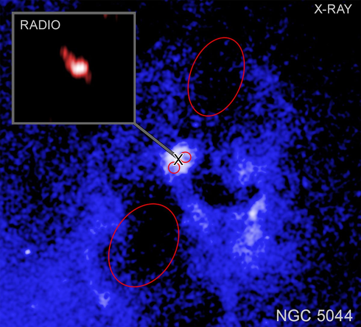 Image showing the black hole at the centre of NGC 5044. Chandra data shows cavities carved out by beams from the black hole. Radio data from VLBA shows where the beams are currently pointing, demonstrating the beams have changed direction. X-ray: NASA/CXC/Univ. of Bologna/F. Ubertosi; Image Processing: NASA/CXC/SAO/N. Wolk
