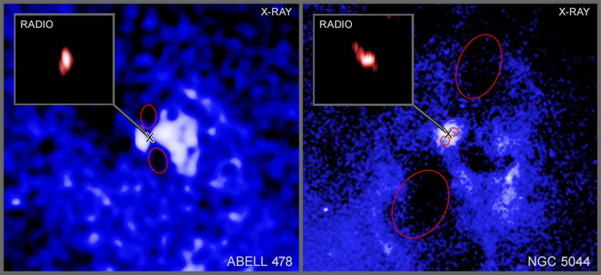 Side-by-side images of Abell 478 and NGC 5044, showing how jets from a central supermassive black hole have changed direction in a short space of time. Credit: X-ray: NASA/CXC/Univ. of Bologna/F. Ubertosi; Image Processing: NASA/CXC/SAO/N. Wolk