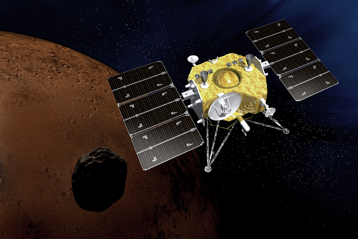 Artist's impression of the JAXA Martian Moons eXploration spacecraft above Phobos and Mars. Credit: JAXA