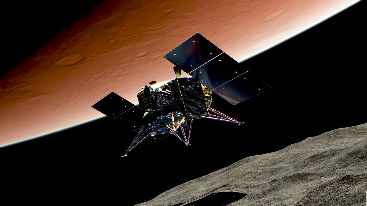 Artist's impression of the JAXA Martian Moons eXploration mission landing on Mars. Credit: JAXA