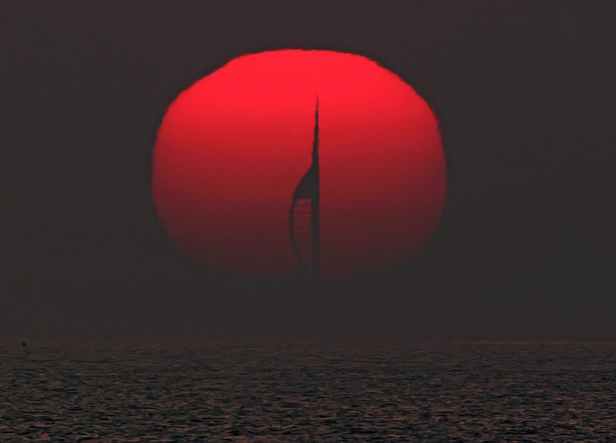 Portsmouth’s Spinnaker Tower, silhouetted by the setting Sun – taken from 22km away. Credit: Pete Lawrence