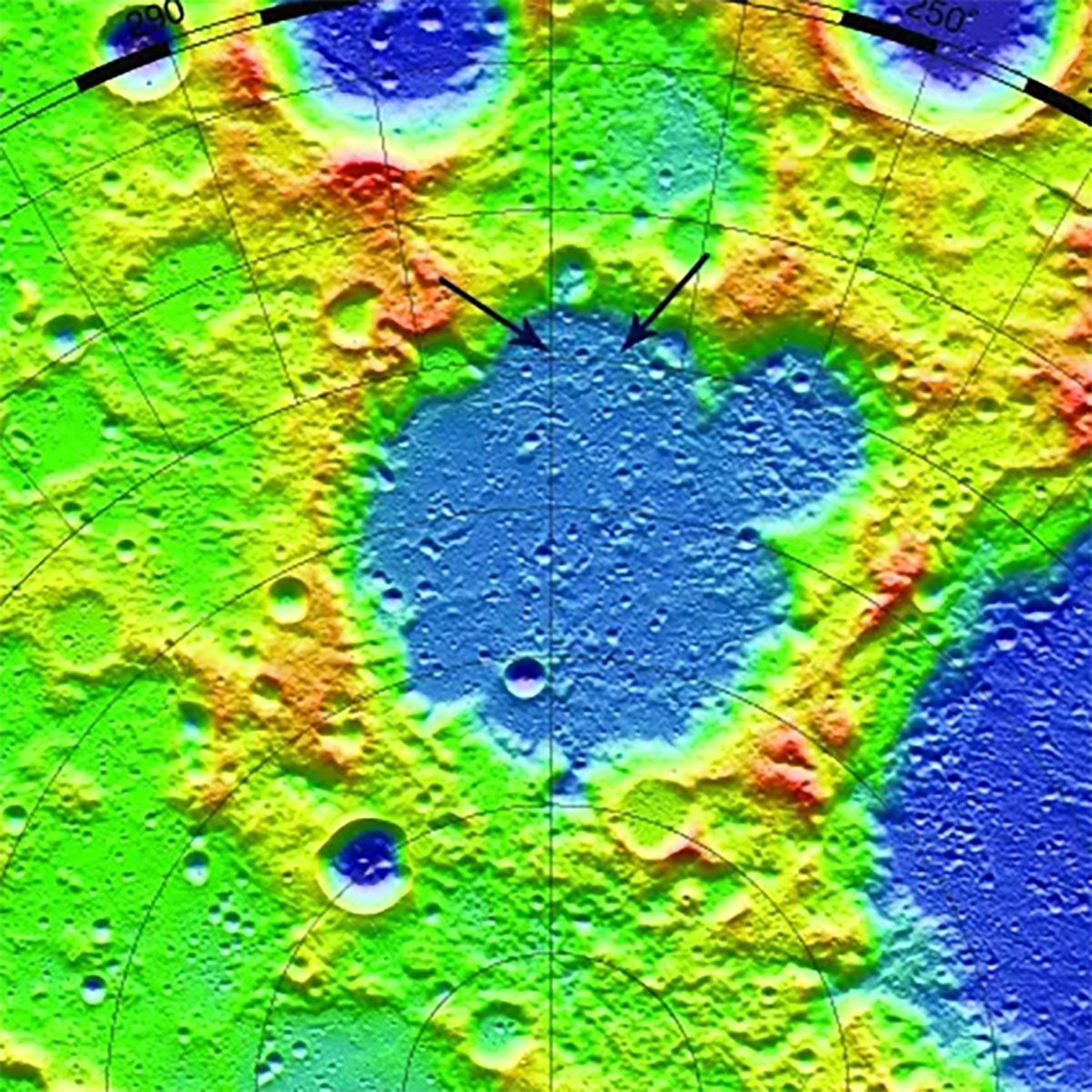 Arrows pointing to Hermite Crater on the Moon, the coldest place in the Solar System. In this false colour image, blue indicates lower regions on the lunar surface while green, yellow and red indicate increasingly higher regions, respectively. Credit: NASA
