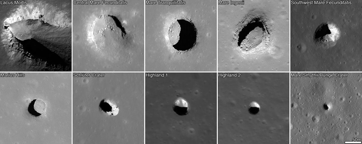 A series of images captured by NASA's Lunar Reconnaissance Orbiter showing pits on the Moon. Each image covers an area about 728 feet wide. Credit: NASA/GSFC/Arizona State University