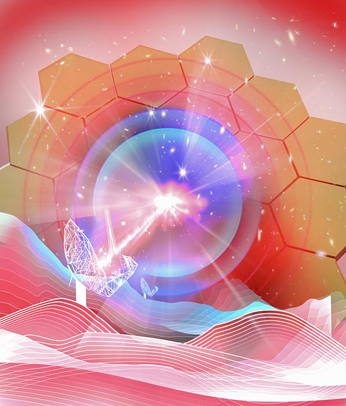 Artist's impression. The fast radio burst FRB 20240304B was detected via ground-based telescopes and the James Webb Space Telescope. Credit: Carl Knox/OzGrav, Swinburne University of Technology