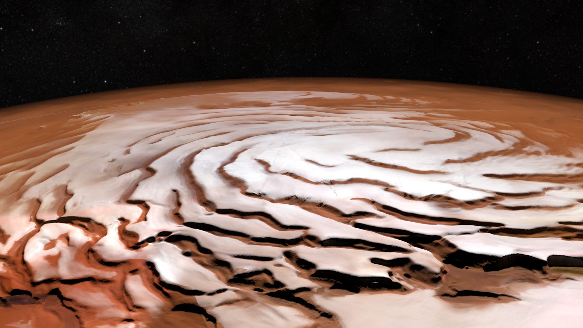 How our view of Mars has changed. This image shows Mars's north polar ice cap, as seen by ESA's Mars Express orbiter. Credit: ESA/DLR/FU Berlin; NASA MGS MOLA Science Team