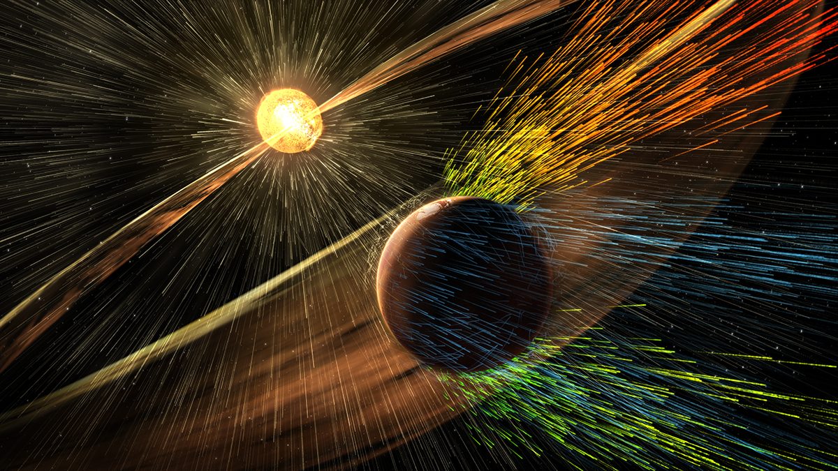 Artist's impression of the solar wind blasting Mars's atmosphere. Credit: NASA/JPL-Caltech