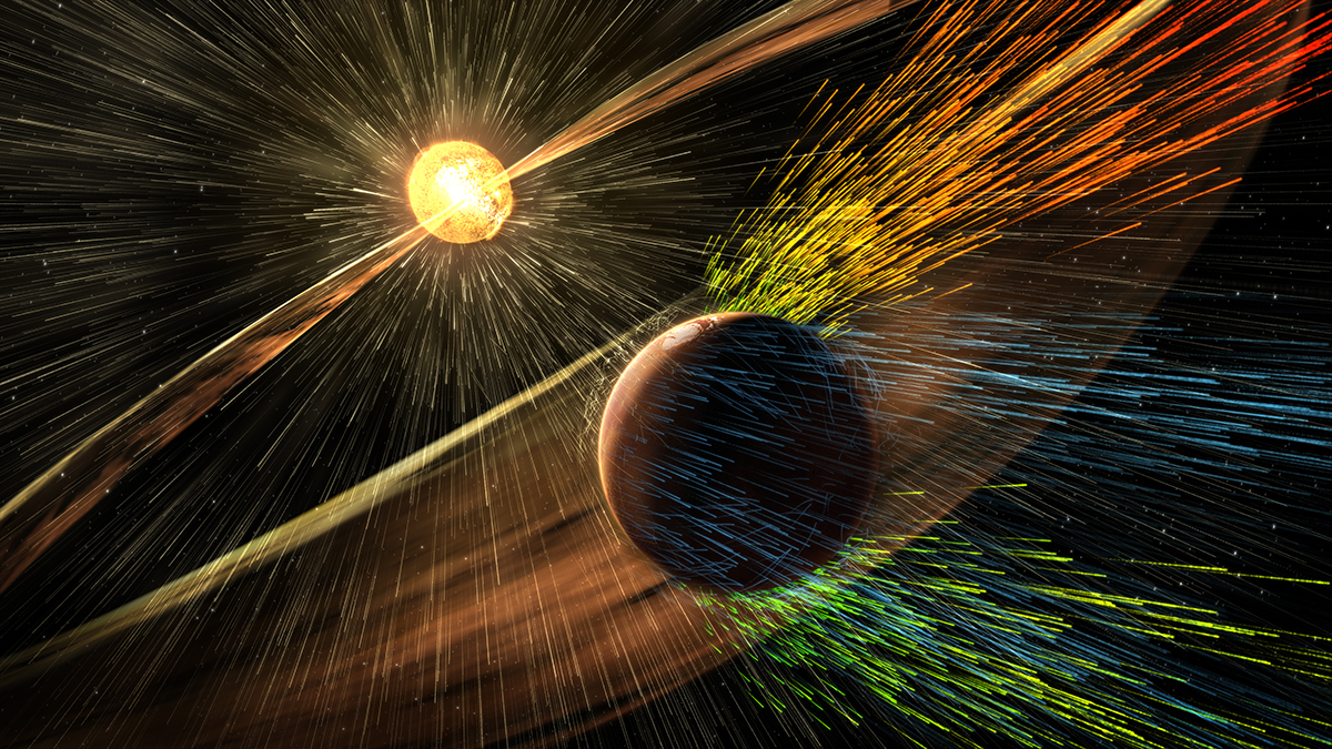 Artist's impression of the solar wind blasting Mars's atmosphere. Credit: NASA/JPL-Caltech