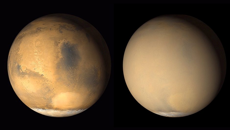 Two images captured by the Mars Orbiter Camera on NASA's Mars Global Surveyor orbiter in 2001 show a change in the planet's appearance as a result of haze raised by dust storms. Credit: NASA/JPL-Caltech/MSSS