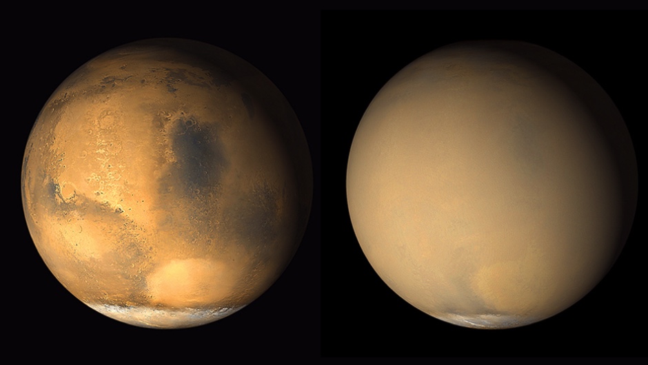 Two images captured by the Mars Orbiter Camera on NASA's Mars Global Surveyor orbiter in 2001 show a change in the planet's appearance as a result of haze raised by dust storms. Credit: NASA/JPL-Caltech/MSSS