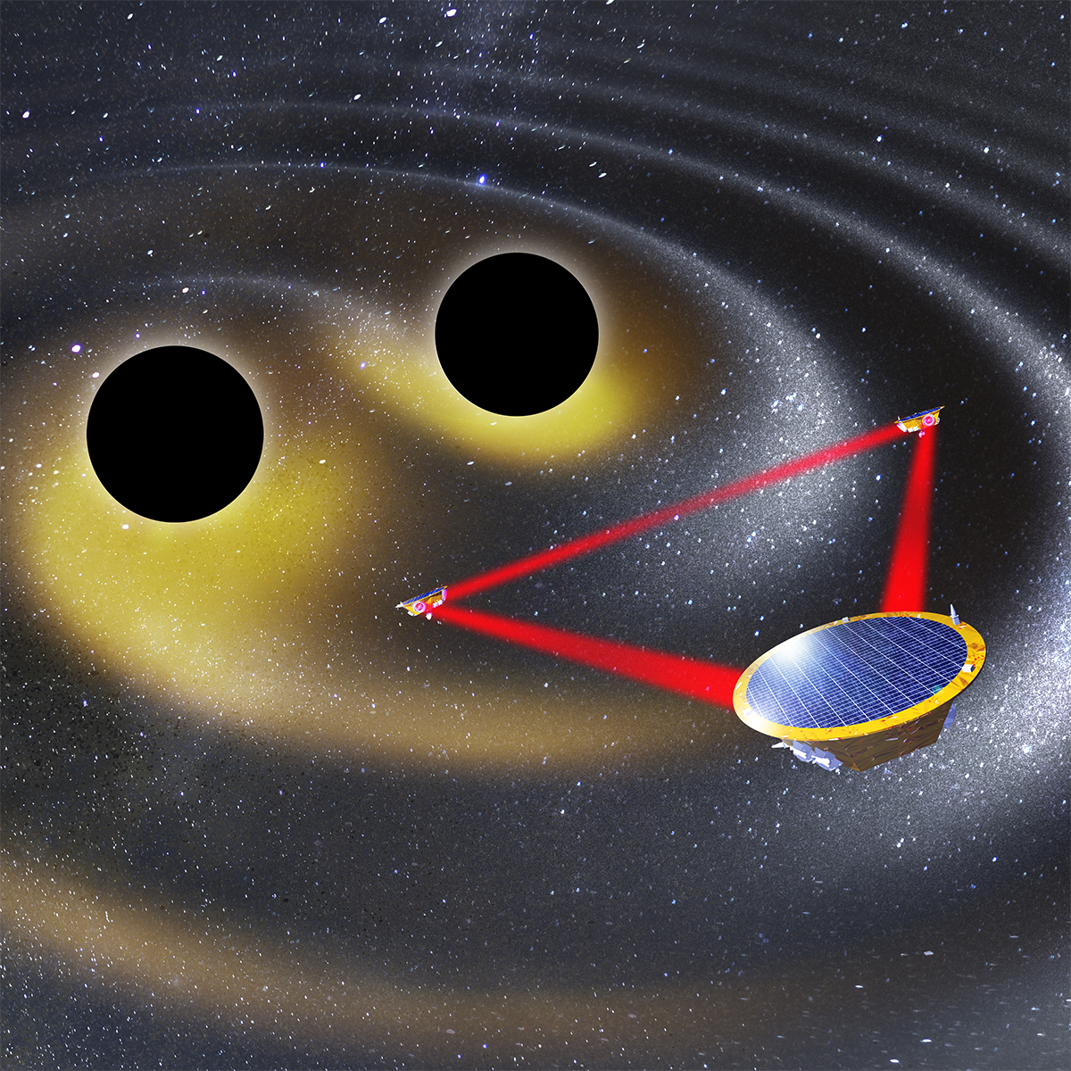 Illustration showing the Laser Interferometer Space Antenna, known as LISA, observing gravitational waves produced by two colliding black holes. Credit: vchal/istock/getty images, airbus