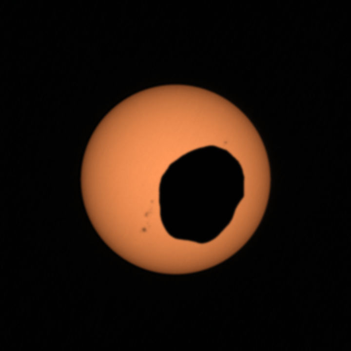 Mars’s moon Phobos crossing the Sun PERSEVERANCE, 2 APRIL 2022 IMAGE CREDIT: NASA/JPL-Caltech/ASU/MSSS/SSI