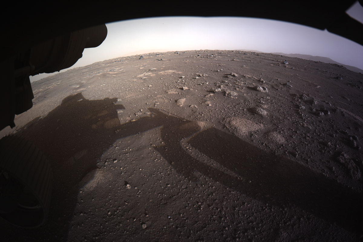 The first hi-res colour image of the surface of Mars sent back by the Hazard Camera after Perseverance's landing on 18 February 2021. Credit: NASA/JPL-Caltech