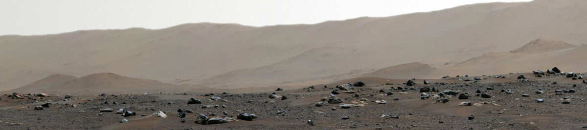 The rim of Jezero Crater - Perseverance's landing place and area of study - captured in a 360° panorama by the Mastcam-Z instrument onboard the rover. This image is a section of the whole panorama, which can be seen on the NASA Mars website. Credit: NASA/JPL-Caltech/MSSS/ASU