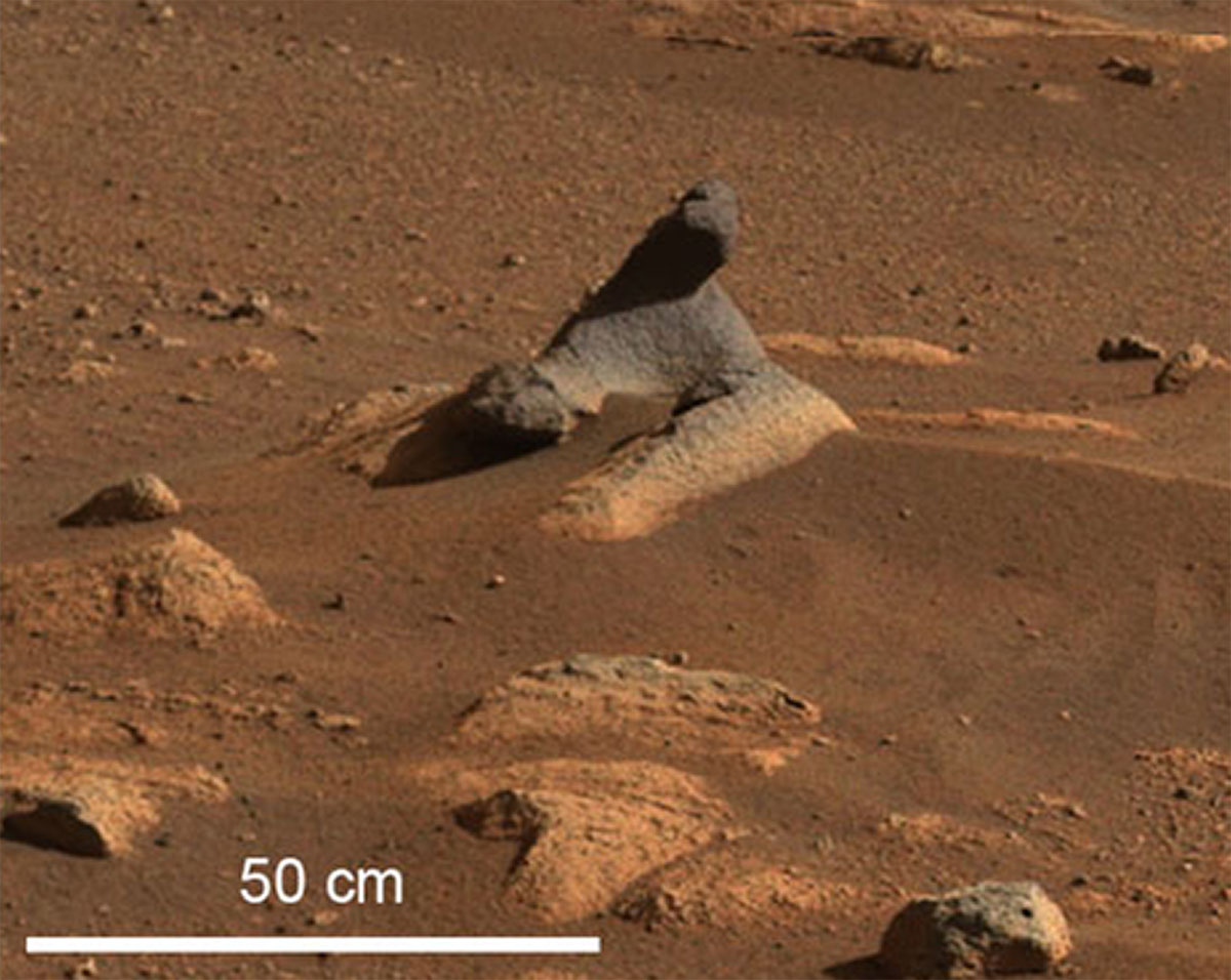 A wind-carved rock on the Martian surface, captured by the Mastcam-Z instrument as part of its first panorama of the planet. Credit: NASA/JPLE-Caltech