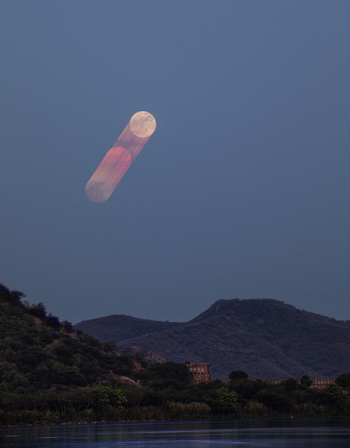 Strawberry Moon rising above Jal Mahal captured by Aquib Ali Ansari, 29 June 2026. Equipment:&nbsp;Canon EOS 5D Mark IV&nbsp;DSLR camera, Sigma 150–600mm contemporary&nbsp;lens, tripod. Exposure: ISO 400, f/8, 1/8s, 211mm. Software: StarStaX&nbsp;(to create the Lunar Drift from over 190 sequential images); Adobe Lightroom&nbsp;(final processing, colour correction, exposure adjustments and finishing)
