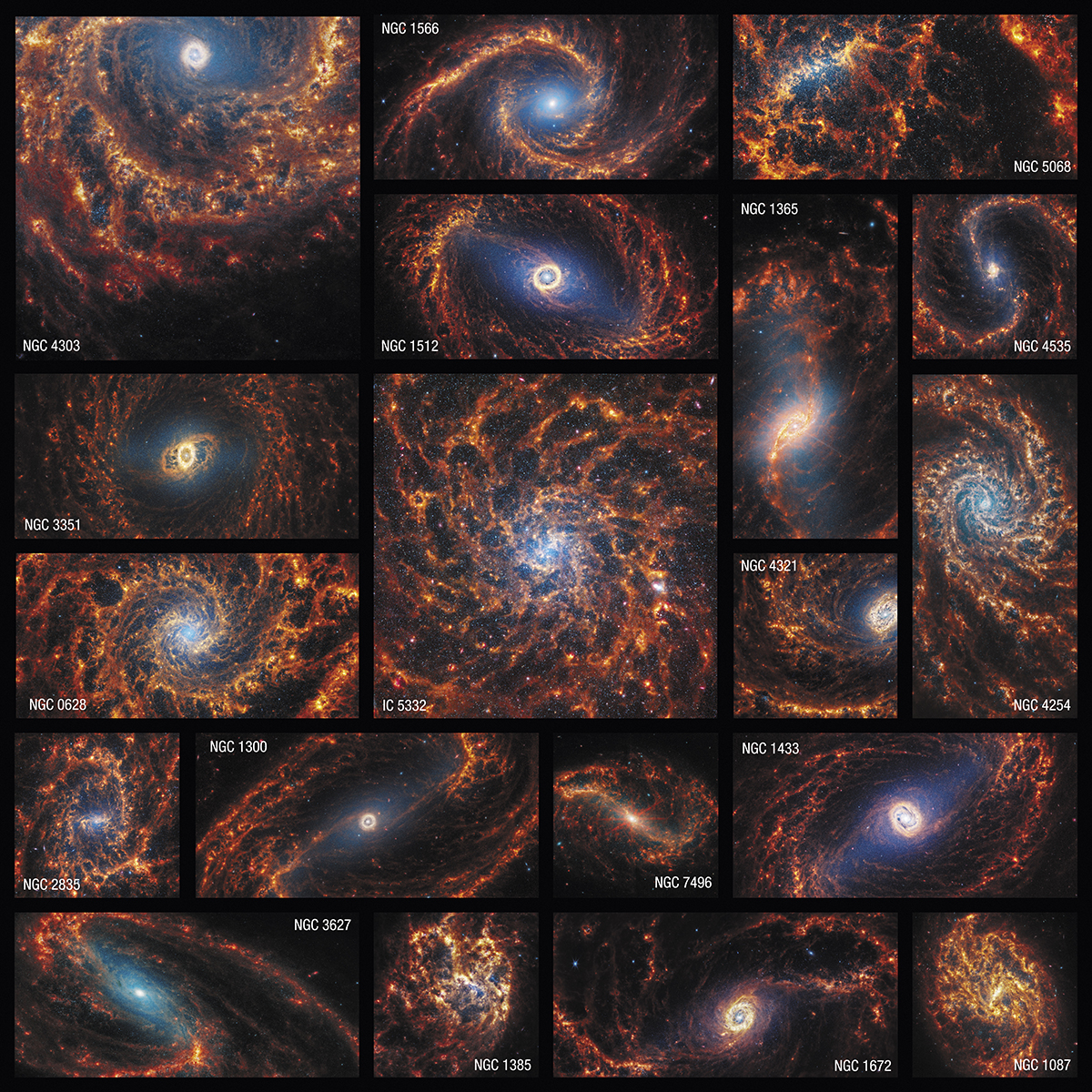 19 face-on spiral galaxies imaged by the James Webb Space Telescope as part of the PHANGS study. Credit: NASA, ESA, CSA, STScI, Janice Lee (STScI), Thomas Williams (Oxford), and the PHANGS team