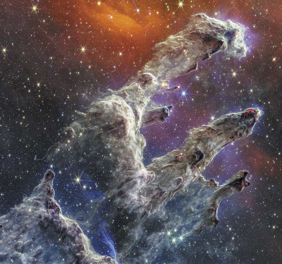 Composite image of the Pillars of Creation using James Webb Space Telescope's MIRI and NIRCam. Credit: Science - NASA, ESA, CSA, STScI. Image Processing - Joseph DePasquale (STScI), Alyssa Pagan (STScI), Anton M. Koekemoer (STScI)