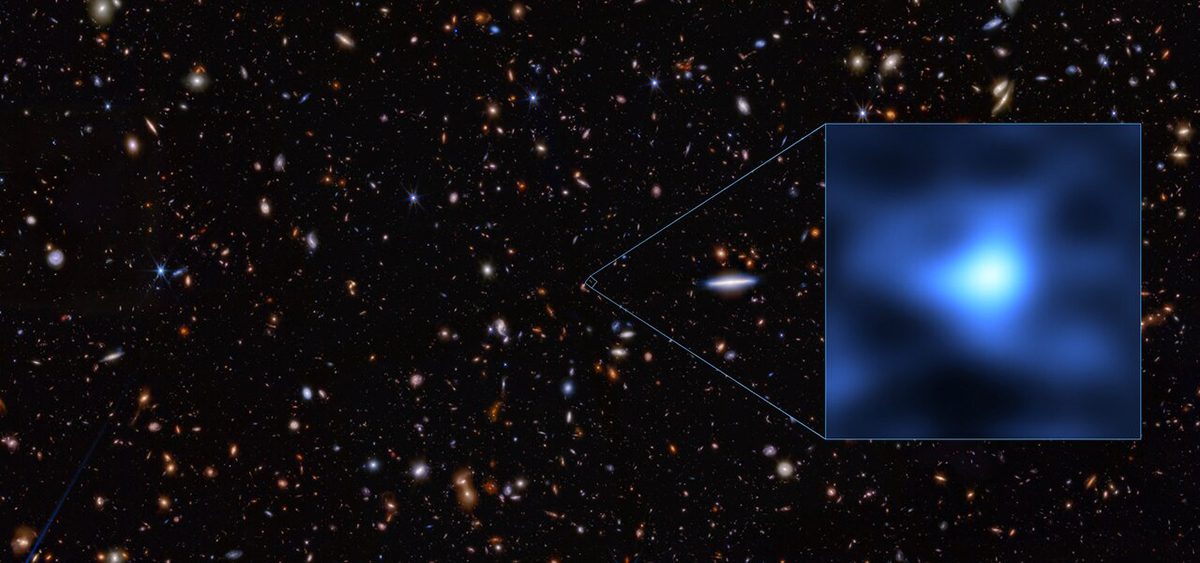 Image showing location in the sky of galaxy JADES-GS-z14-0, the most distant galaxy ever seen. Inset shows a close-up of the galaxy as seen with the Atacama Large Millimeter/submillimeter Array (ALMA). Credit: ALMA (ESO/NAOJ/NRAO)/S. Carniani et al./S. Schouws et al/JWST: NASA, ESA, CSA, STScI, Brant Robertson (UC Santa Cruz), Ben Johnson (CfA), Sandro Tacchella (Cambridge), Phill Cargile (CfA)