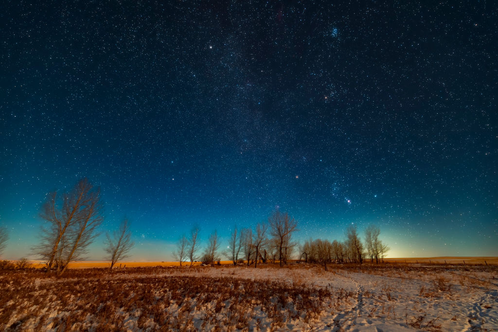 Winter stars and constellations in the sky, 2 December 2019 from Alberta, Canada. Top left of centre, the two prominent stars are Castor and Pollux in Gemini. Use Orion, seen in the right of this image, to locate the twin stars. Credit: VW Pics / Getty Images