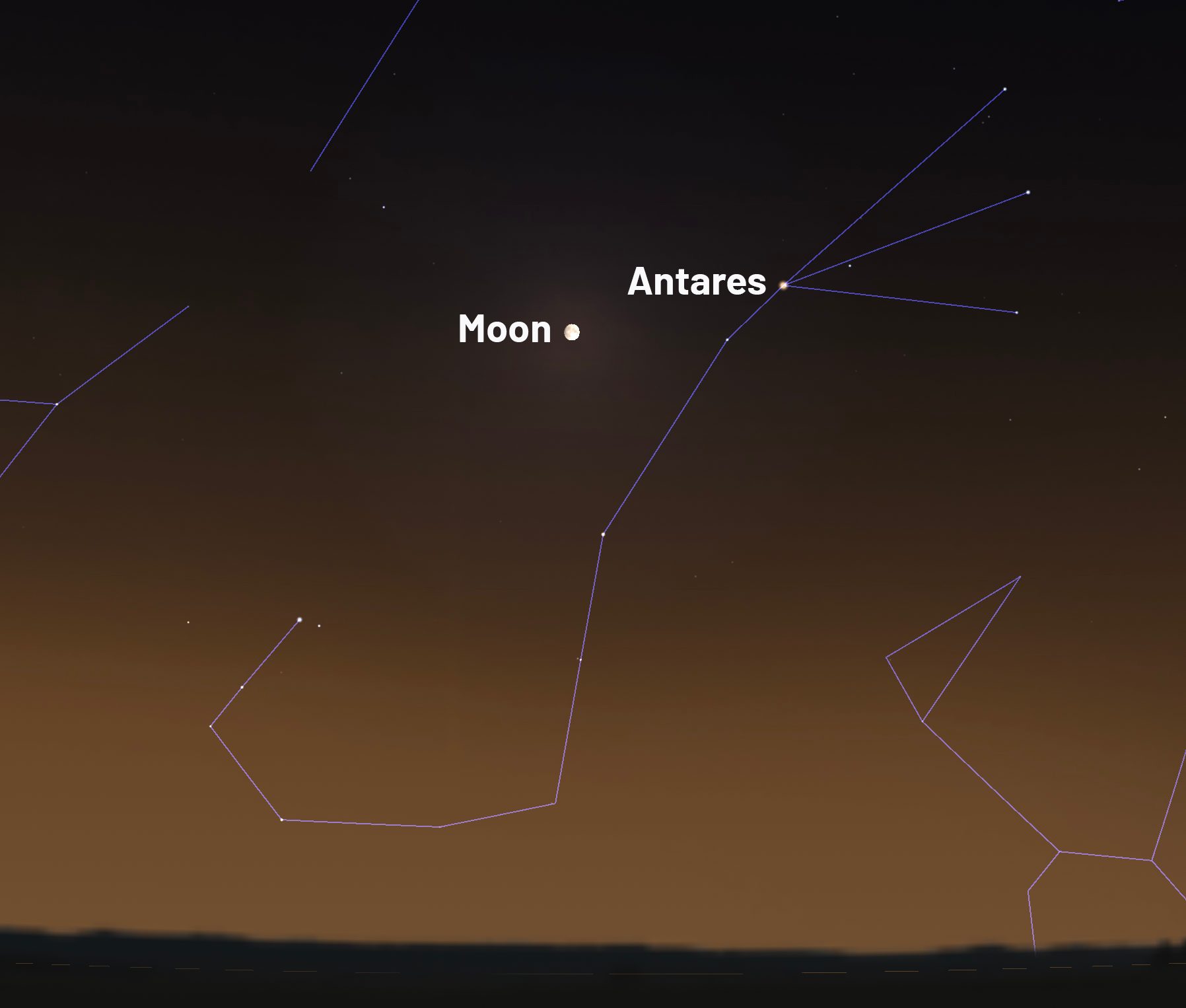 A view of the Moon and Antares, as they'll appear in the southern sky on Saturday 27 June 2026. Credit: Stellarium