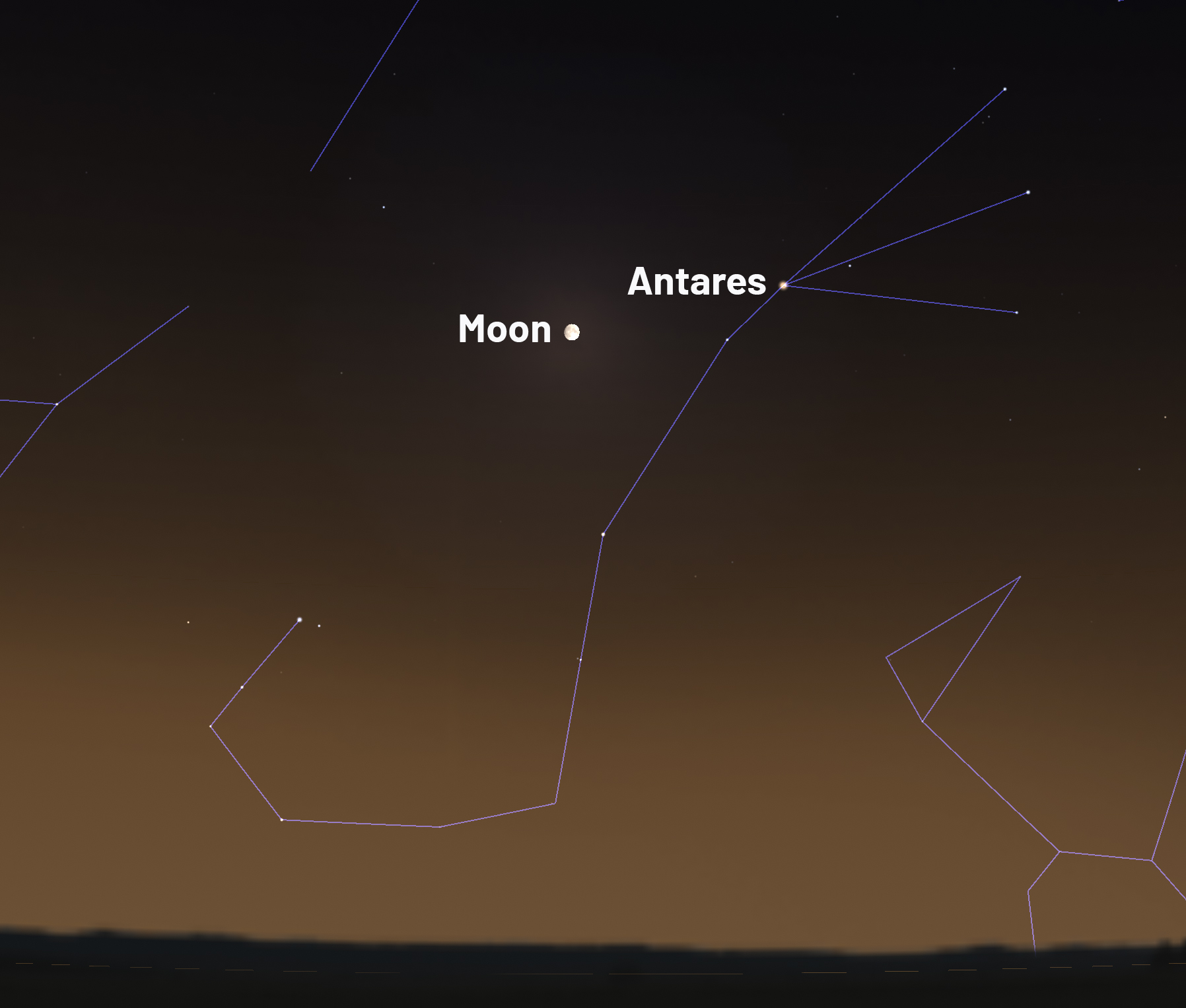 A view of the Moon and Antares, as they'll appear in the southern sky on Saturday 27 June 2026. Credit: Stellarium