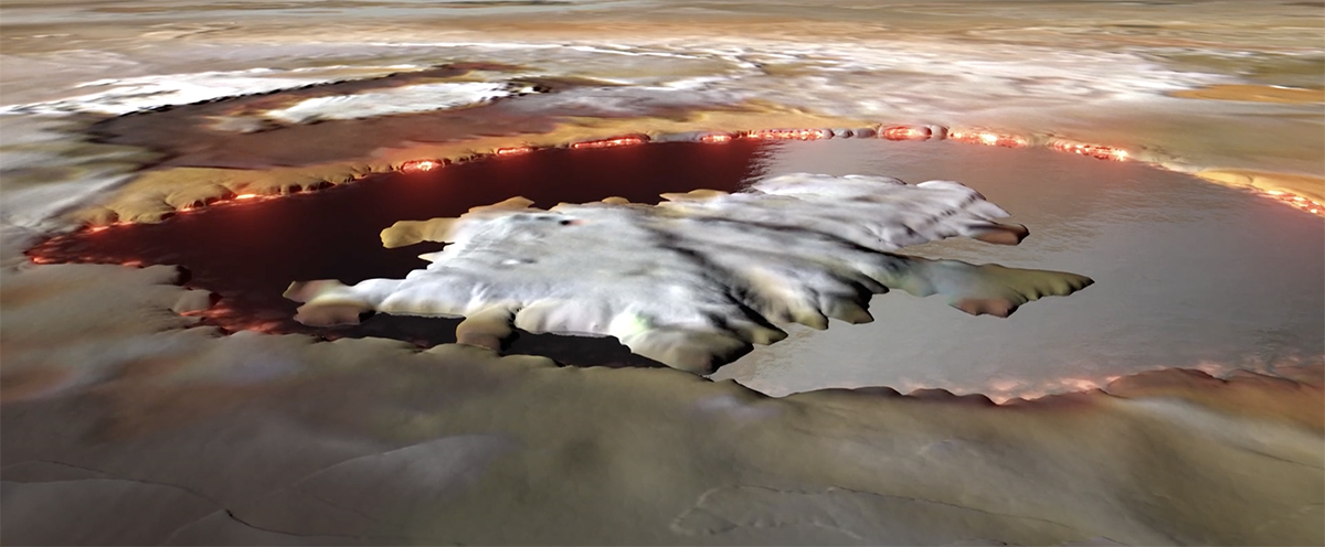 Artist’s concept of Loki Patera, a lava lake on Jupiter’s moon Io, made using data from the JunoCam imager aboard NASA’s Juno spacecraft. Credit: NASA/JPL-Caltech/SwRI/MSSS