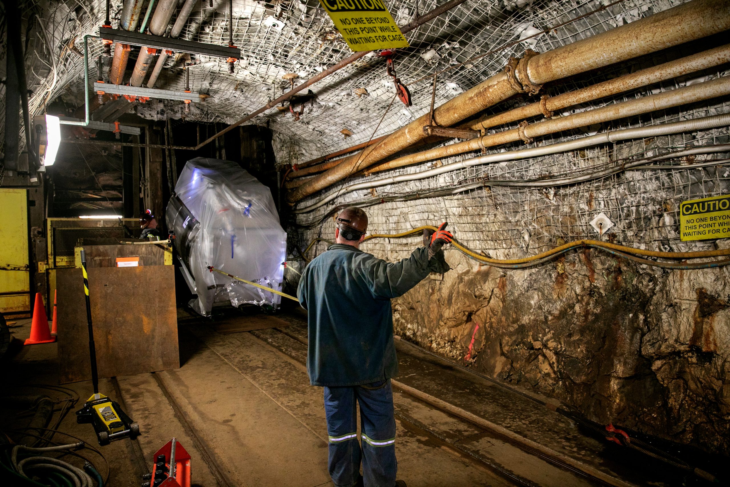 LZ’s central detector was assembled in a cleanroom on the surface, then moved a mile underground at the Sanford Underground Research Facility. The underground location shields the experiment from cosmic rays. Credit: Matthew Kapust/Sanford Underground Research Facility