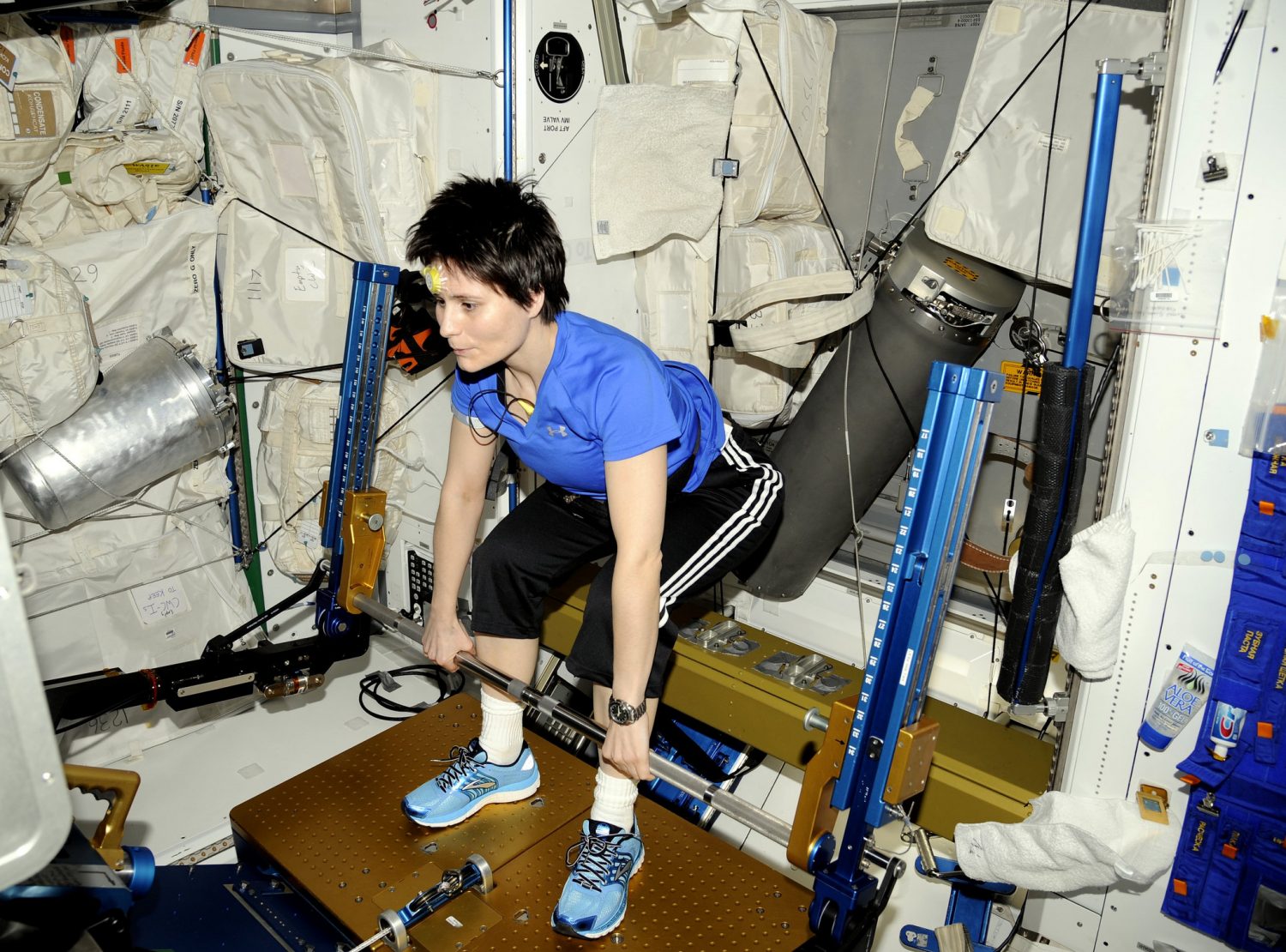 European Space Agency astronaut Samantha Cristoforetti uses the Advanced Resistive Exercise Device on the International Space Station, which enables astronauts to strengthen muscles in zero gravity. Credit: NASA/ESA ESA astronaut Samantha Cristoforetti using the Advanced Resistive Exercise Device on the International Space Station, which hels astronauts strengthen muscles in zero gravity. Credit: NASA/ESA