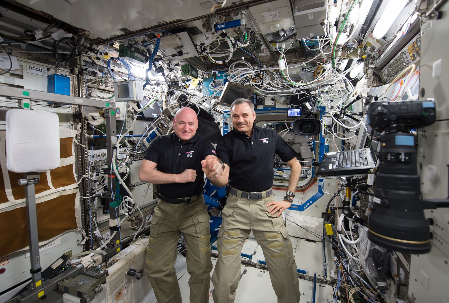 Scott Kelly (left) and Mikhail Kornienko right) on board the ISS during their year in space. Credit: NASA Scott Kelly (left) and Mikhail Kornienko (right) on board the ISS during their year in space. Credit: NASA