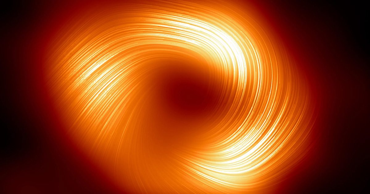 Image of supermassive black hole Sagittarius A* in polarised light, showing the direction of magnetic field lines. Credit: EHT Collaboration