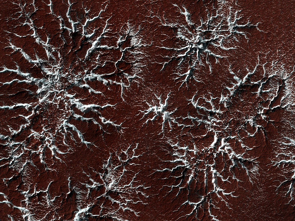 Eroded channels on Mars filled with bright ice, captured by the High Resolution Imaging Science Experiment (HiRISE) camera on NASA's Mars Reconnaissance Orbiter, 12 January 2011. Credit: NASA/JPL/University of Arizona