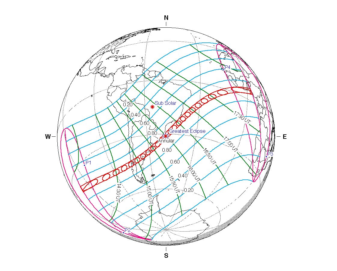 Map showing the path of the solar eclipse on 6 February 2027